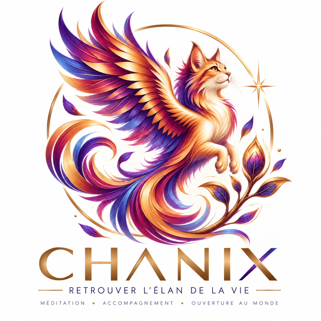 Logo CHANIX : un phœnix-chat aux ailes déployées et un bourgeon doré