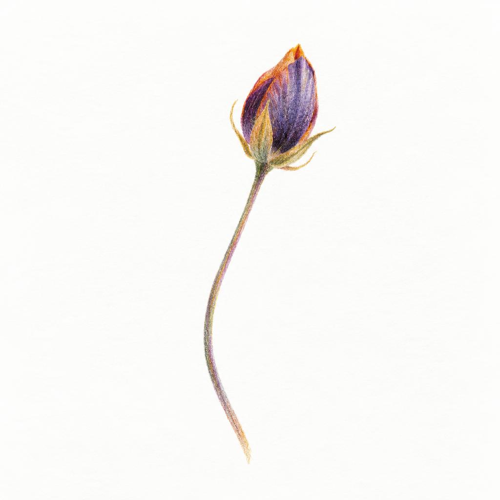 Bourgeon dessiné au crayon de couleur, violet et doré